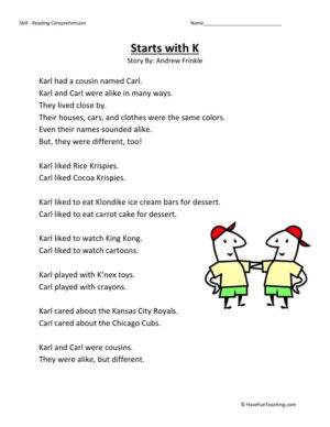 Reading Comprehension Worksheet - Starts With K