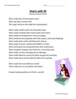 Reading Comprehension Worksheet - Starts With M