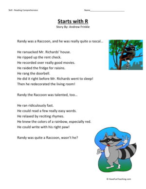 Reading Comprehension Worksheet - Starts with R
