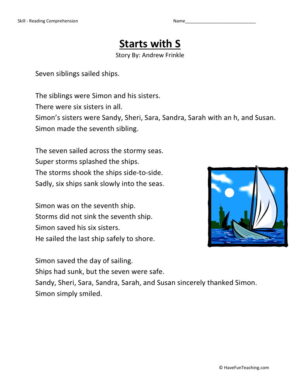 Reading Comprehension Worksheet - Starts with S