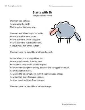 Reading Comprehension Worksheet - Starts with SH