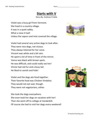 Reading Comprehension Worksheet - Starts with V