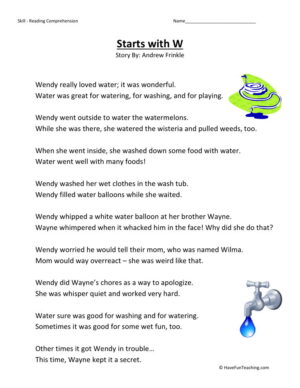 Reading Comprehension Worksheet - Starts with W