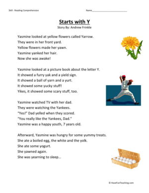 Reading Comprehension Worksheet - Starts with Y