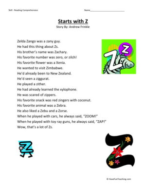Reading Comprehension Worksheet - Starts with Z