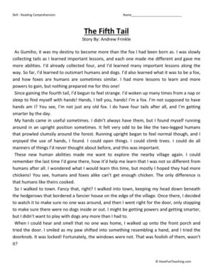 Reading Comprehension Worksheet - The Fifth Tail