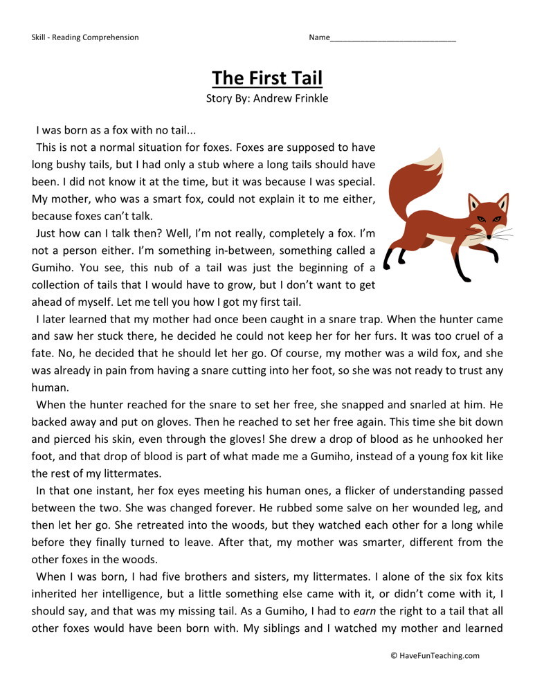 Reading Comprehension Worksheet - The First Tail