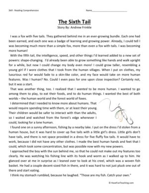 Reading Comprehension Worksheet - The Sixth Tail