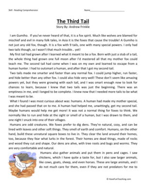 Reading Comprehension Worksheet - The Third Tail