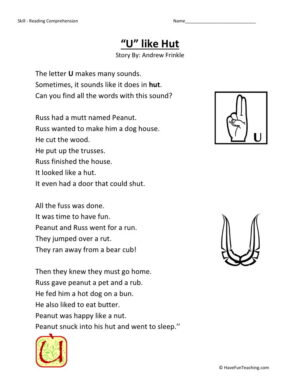 Reading Comprehension Worksheet - U Like Hut