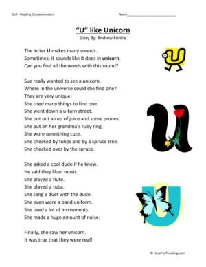 Reading Comprehension Worksheet - U Like Unicorn