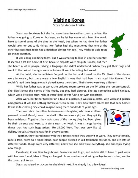 Reading Comprehension Worksheet - Visiting Korea