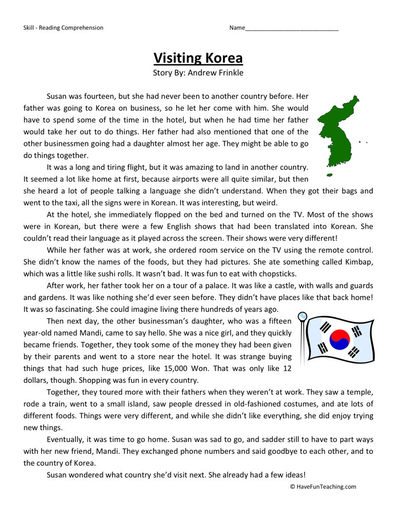 Reading Comprehension Worksheet - Visiting Korea