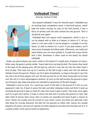 Reading Comprehension Worksheet - Volleyball Time