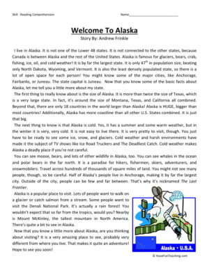 Reading Comprehension Worksheet - Welcome to Alaska