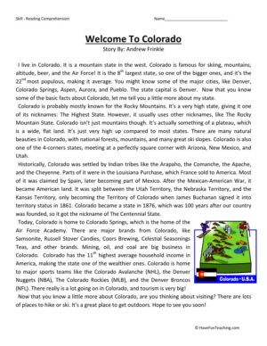 Reading Comprehension Worksheet - Welcome to Alaska