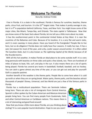 Reading Comprehension Worksheet - Welcome to Florida