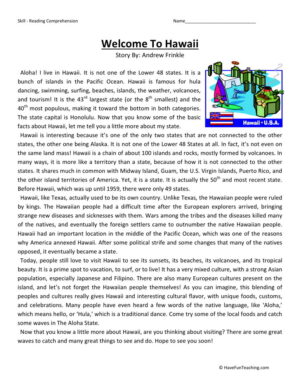 Reading Comprehension Worksheet - Welcome to Hawaii
