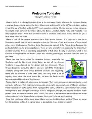 Reading Comprehension Worksheet - Welcome to Idaho
