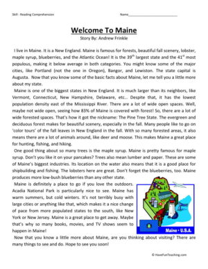 Reading Comprehension Worksheet - Welcome to Maine