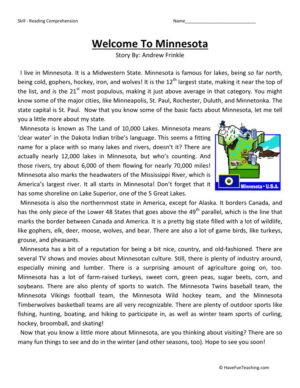 Reading Comprehension Worksheet - Welcome to Minnesota