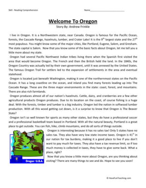 Reading Comprehension Worksheet - Welcome to Oregon
