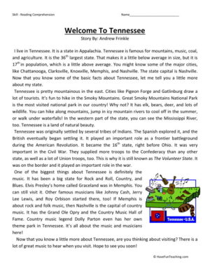 Reading Comprehension Worksheet - Welcome to Tennessee