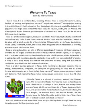 Reading Comprehension Worksheet - Welcome to Texas