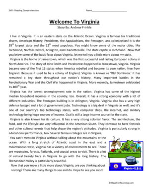 Reading Comprehension Worksheet - Welcome to Virginia