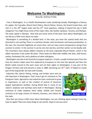 Reading Comprehension Worksheet - Welcome to Washington
