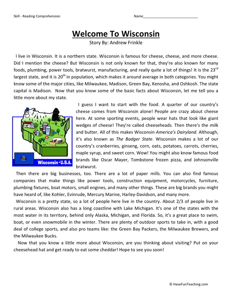 Reading Comprehension Worksheet - Welcome to Wisconsin