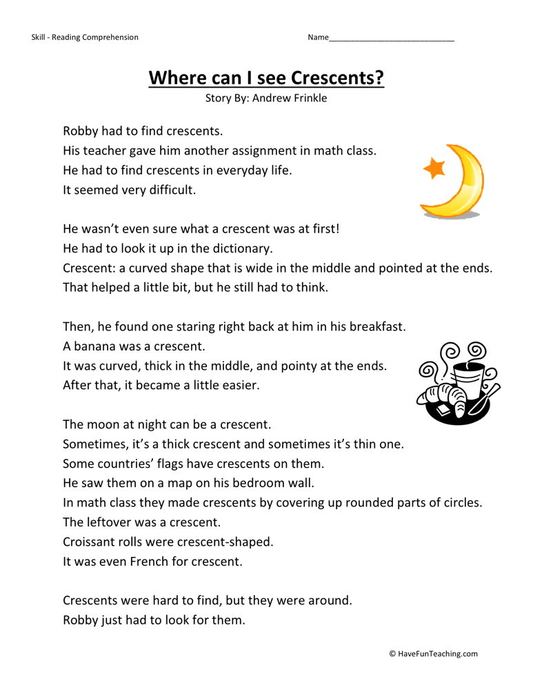 Reading Comprehension Worksheet - Where Can I See Crescents?