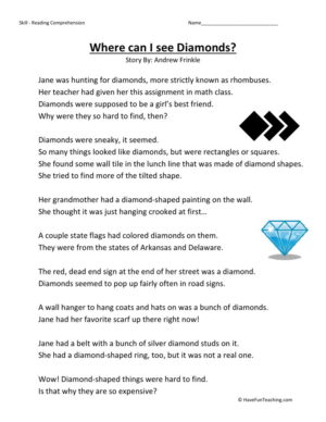 Reading Comprehension Worksheet - Where Can I See Diamonds?