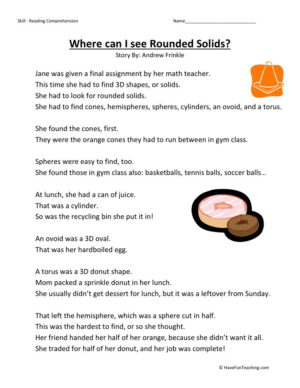 Reading Comprehension Worksheet - Where Can I See Rounded Solids?