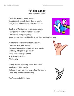 Reading Comprehension Worksheet - Y Like Candy