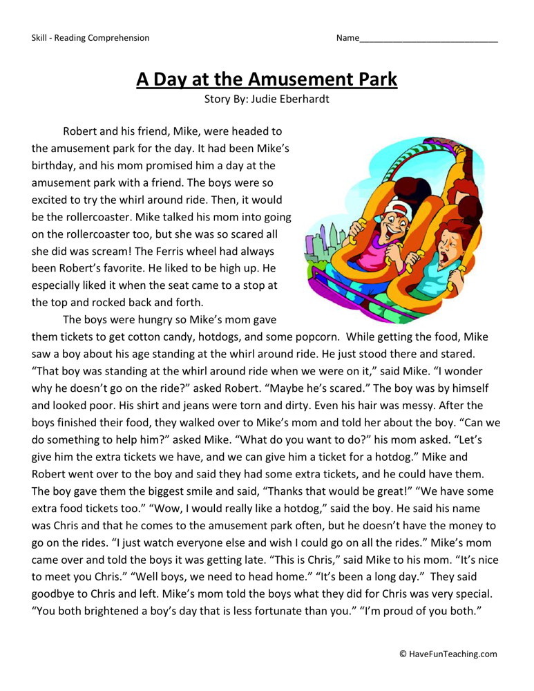 Reading Comprehension Worksheet - A Day at the Amusement Park