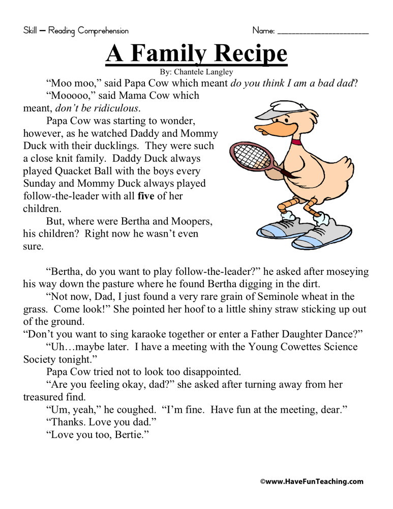 Reading Comprehension Worksheet A Family Recipe