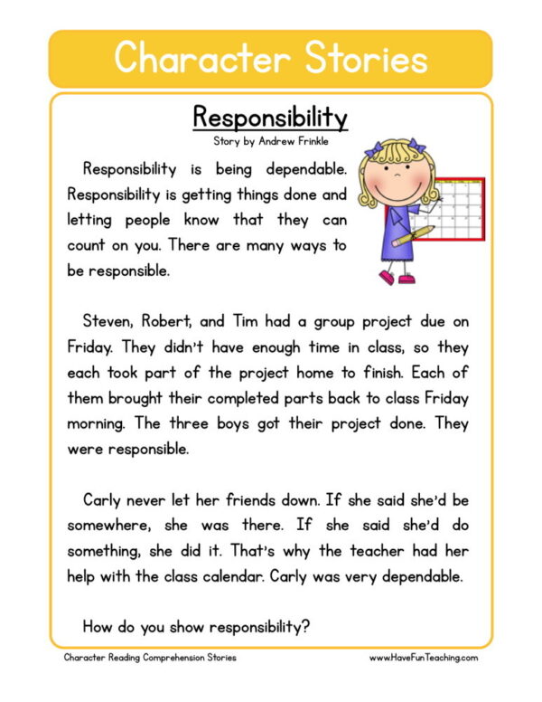 Reading Comprehension Worksheet - Responsability