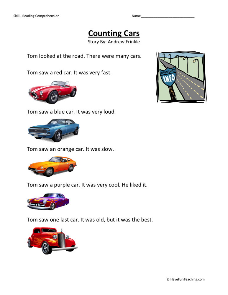Reading Comprehension Worksheet Counting Cars