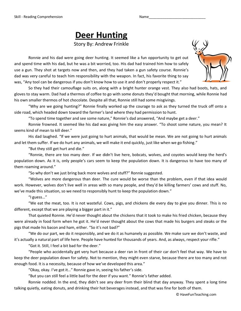 Reading Comprehension Worksheet - Deer Hunting