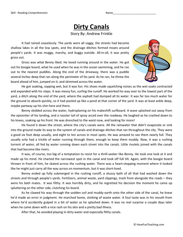reading comprehension worksheet dirty canals