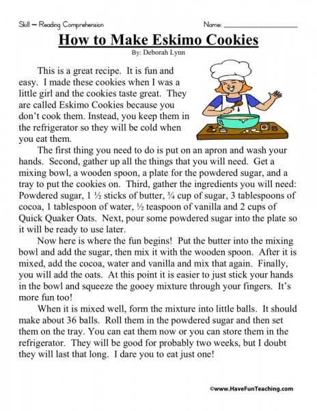 Reading Comprehension Worksheet - How to Make Eskimo Cookies