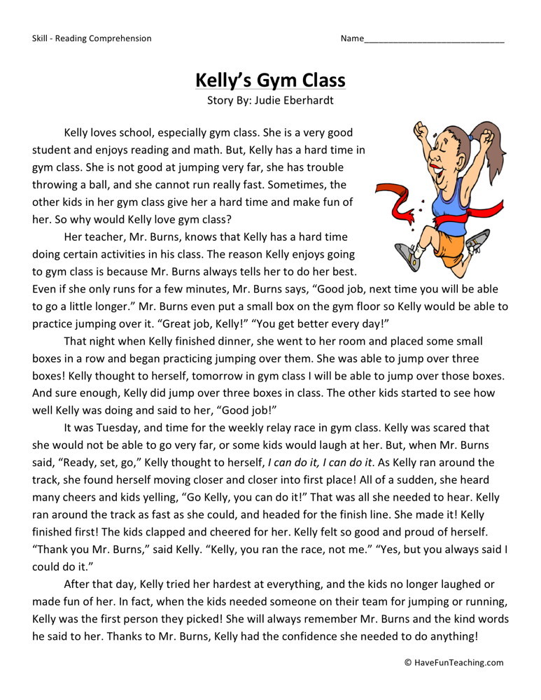 Reading Comprehension Worksheet - Kelly's Gym Class