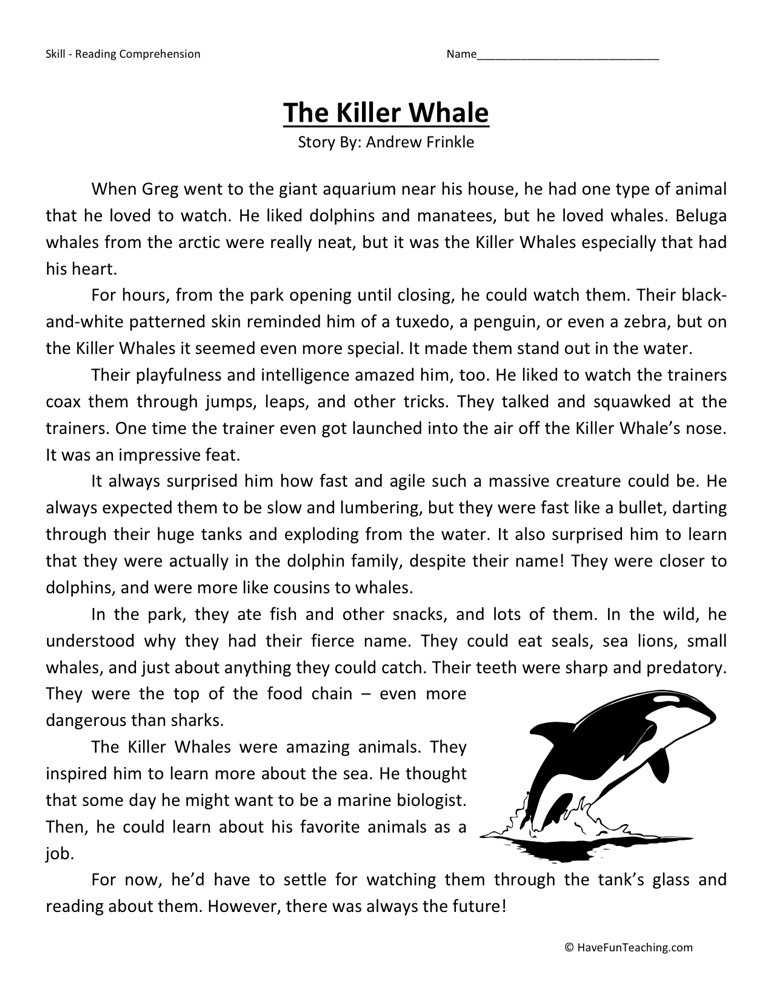 Reading Comprehension Worksheet - The Killer Whale