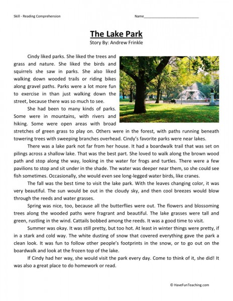 Reading Comprehension Worksheet - The Lake Park