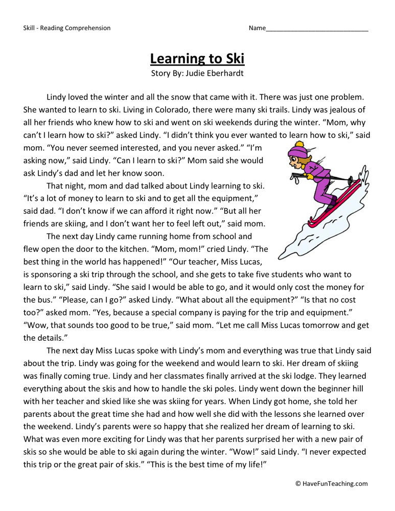 Reading Comprehension Worksheet - Learning to Ski