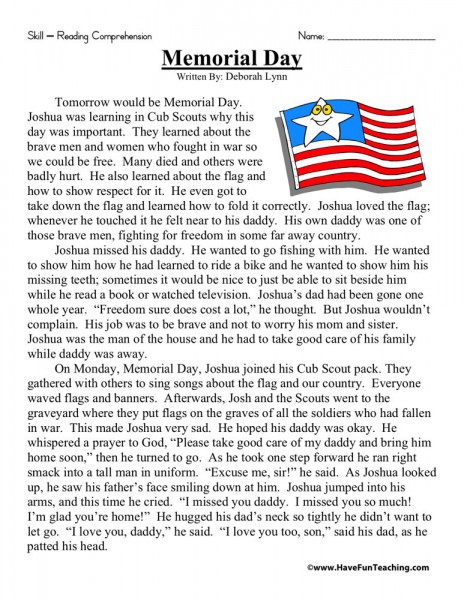 Reading Comprehension Worksheet - Memorial Day
