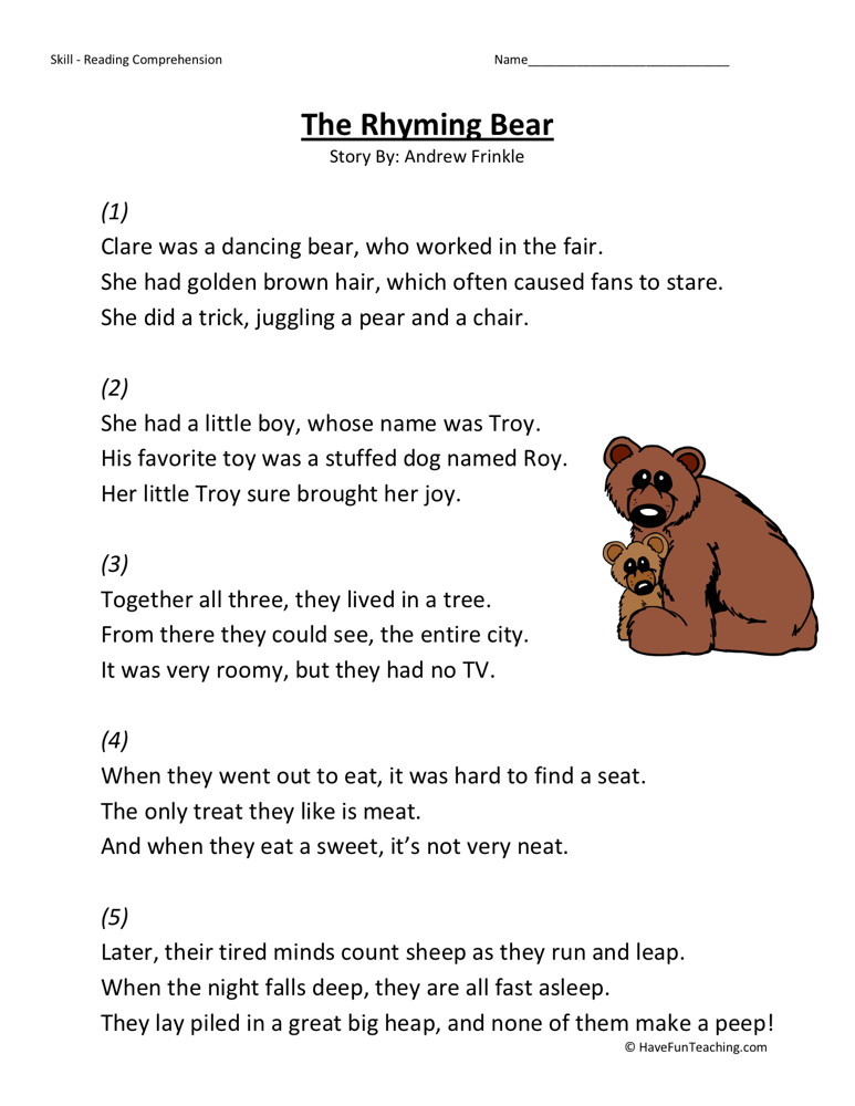 Reading Comprehension Worksheet The Rhyming Bear