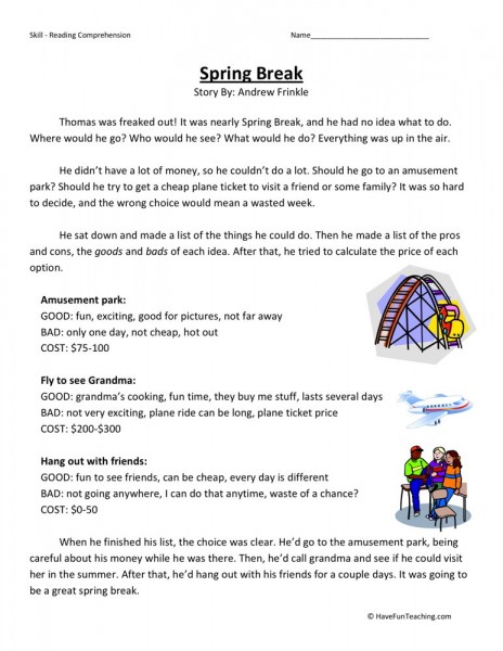 Reading Comprehension Worksheet Spring Break