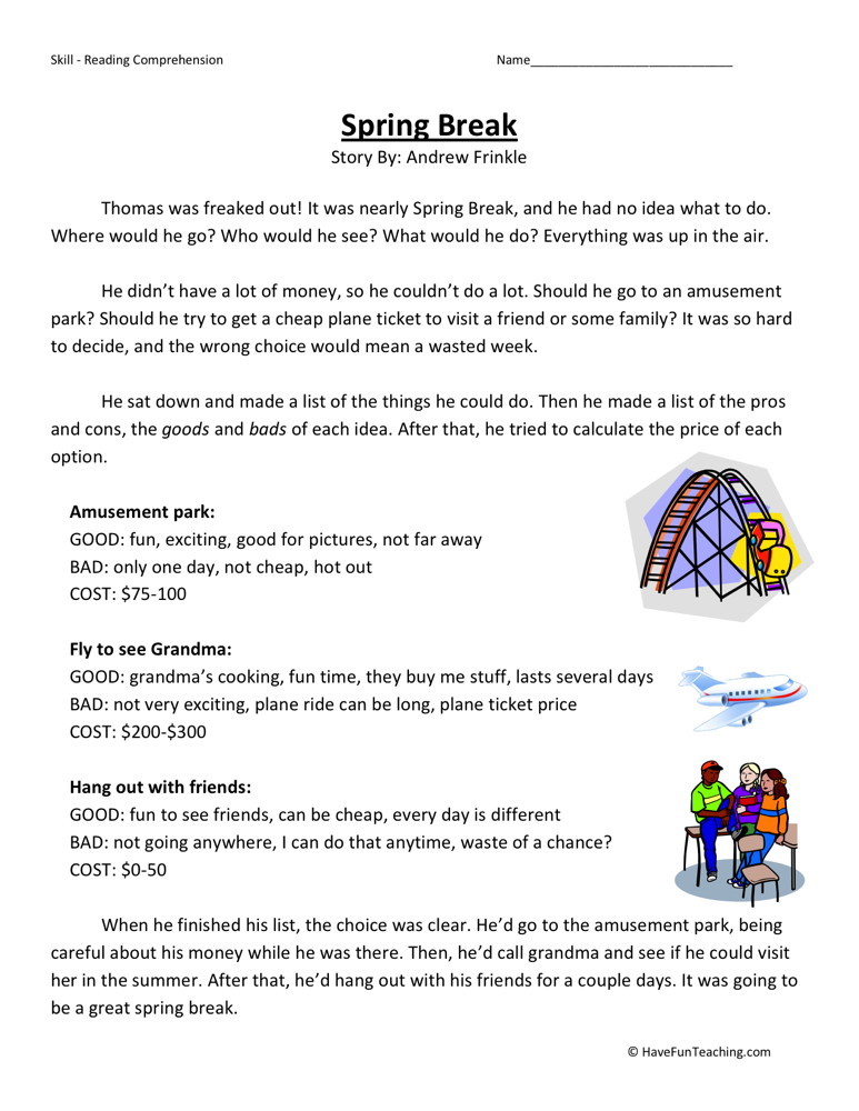 Reading Comprehension Worksheet Spring Break